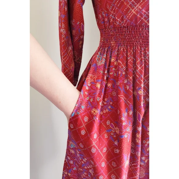 70s Red Floral Cinched Waist 1970s Vintage Midi Dress by ' Belle France ' - Picture 4 of 8